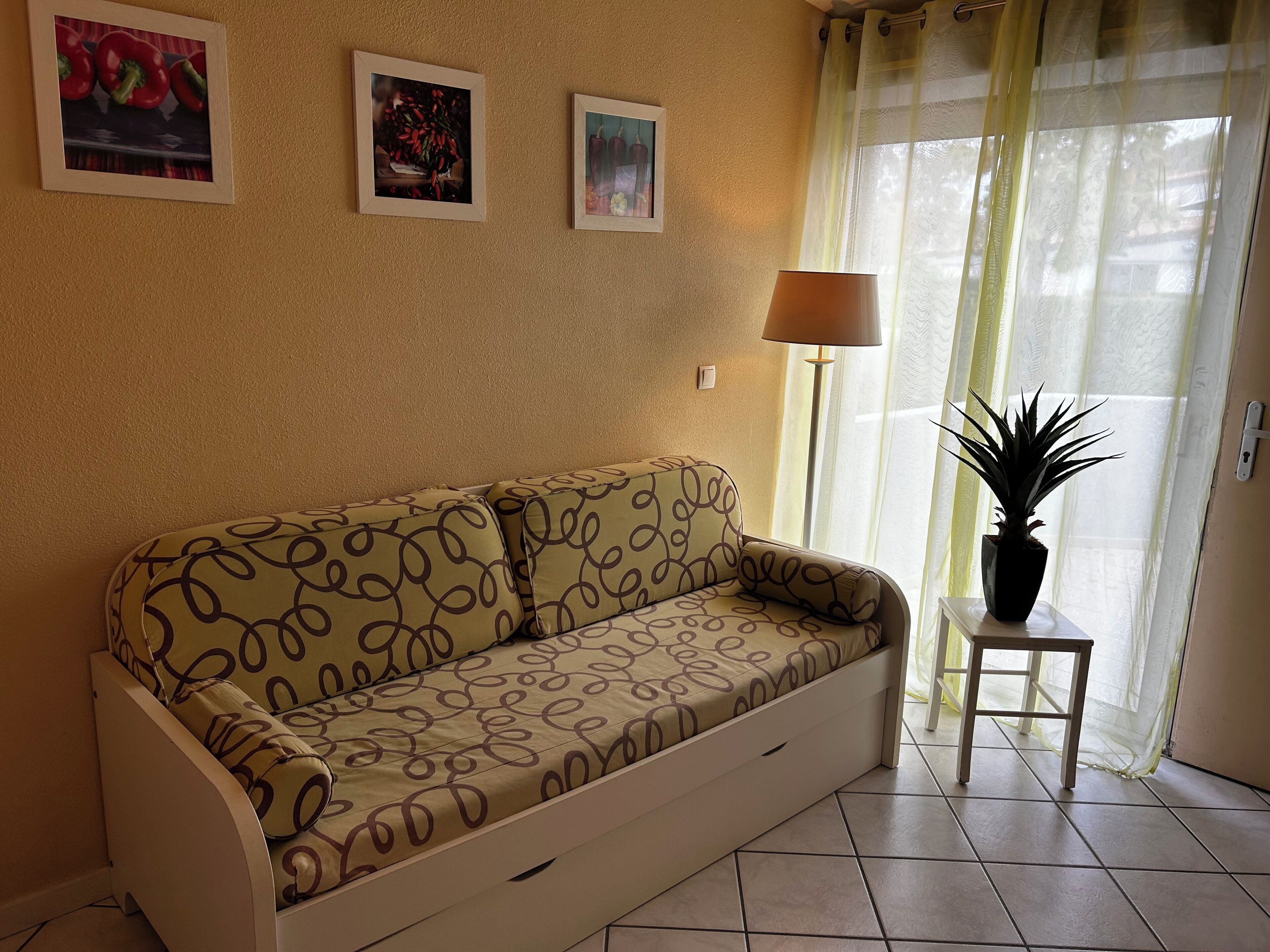 Un salon avec un canapé, une petite table sur laquelle est posée une plante, et trois tableaux encadrés accrochés au mur.