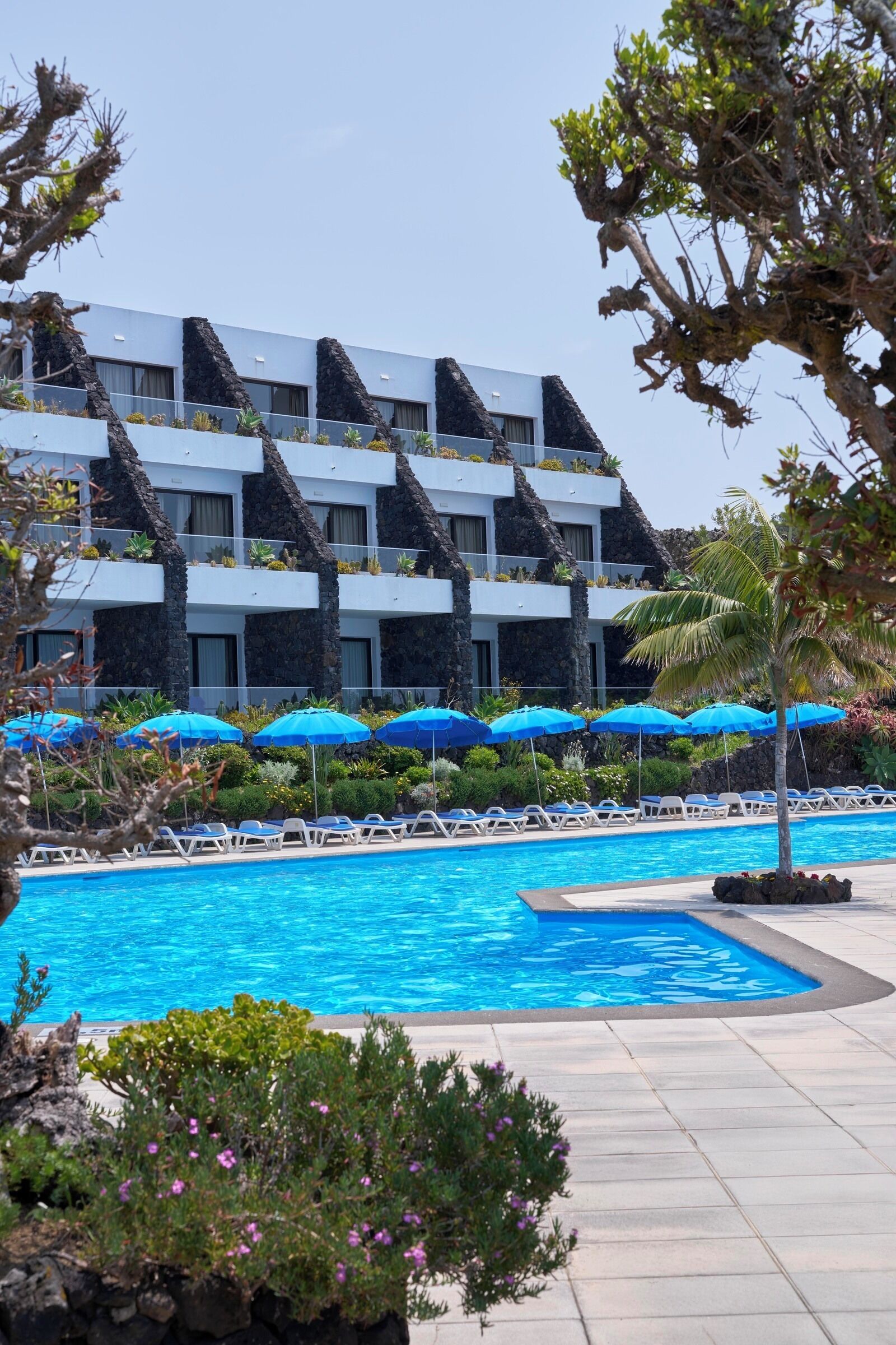 Uma área de piscina com guarda-sóis azuis, espreguiçadeiras e um edifício com fachada que lembra rochas.