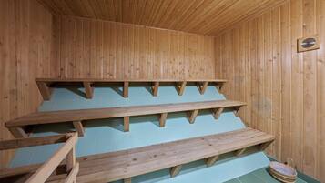 A wooden sauna with three benches and a small basin.