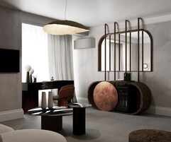 A modern living room with a round coffee table, a sofa, a TV mounted on the wall, and a large mirror with vertical lines.