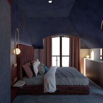 A modern bedroom with a curved ceiling, a large bed with multiple pillows, a bedside table, and a window with curtains.