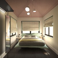 A modern bedroom with a bed, bedside tables, a mirror, and a window with a view.