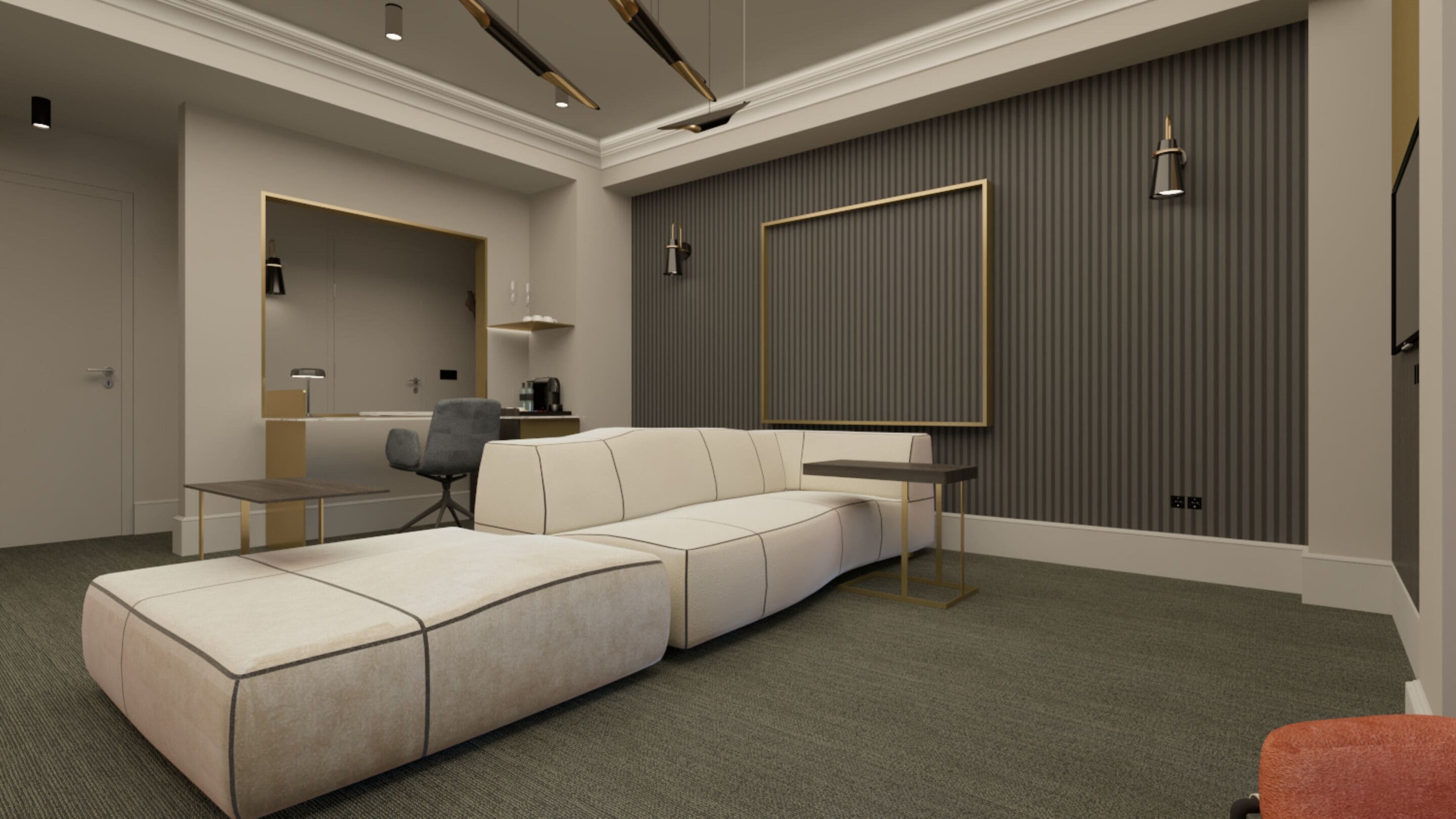 A modern living room with a sectional sofa, a small table, and a chair.