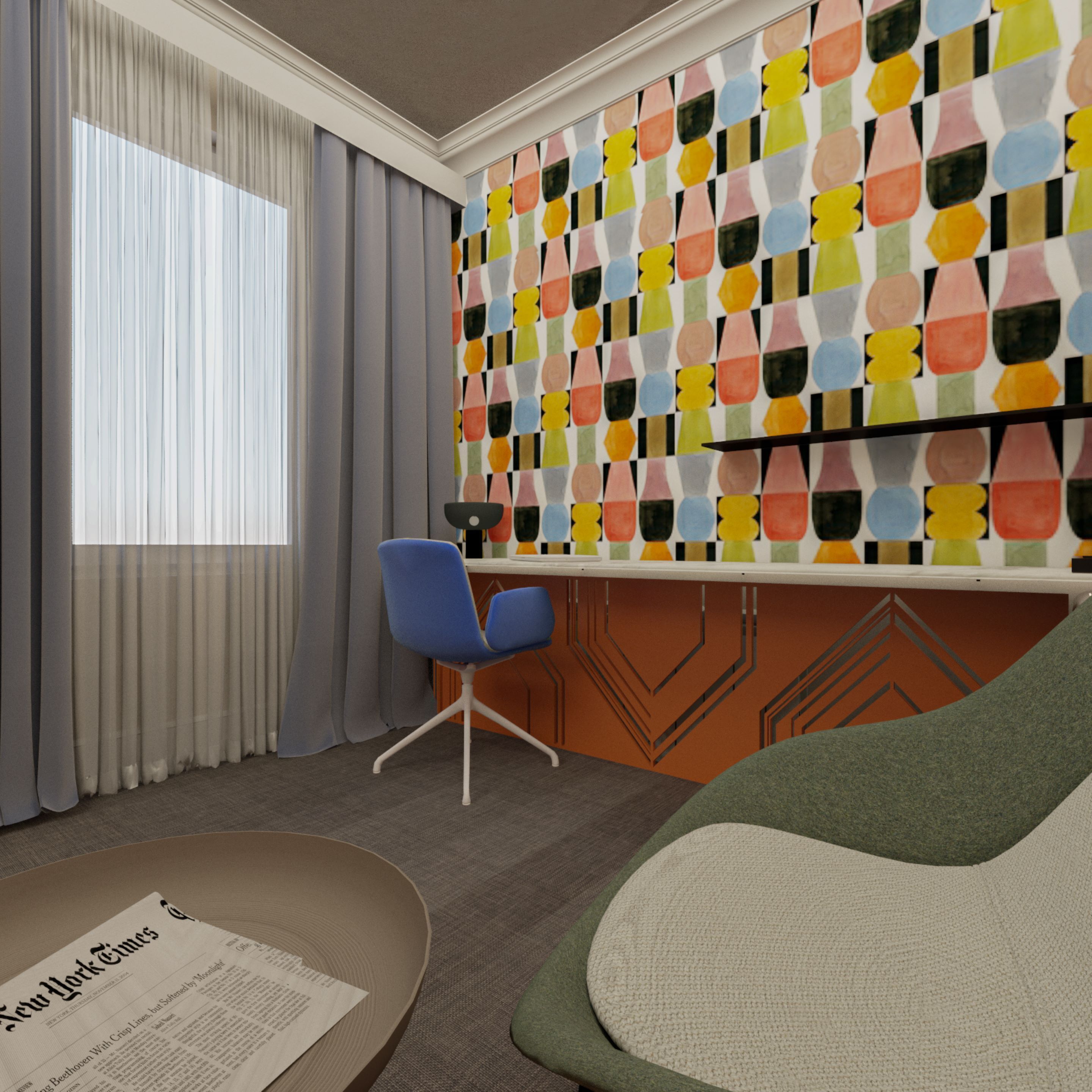 Una habitación de hotel moderna con un ventanal grande, una silla azul, un pared con un diseño abstracto y un periódico sobre una mesa.