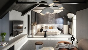 Una habitación de hotel moderna con una cama grande, un área de descanso con una mesa de vidrio y un diseño de techo original.