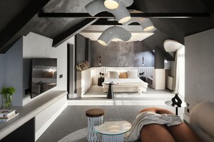 Suíte design | 1 quarto, roupas de cama premium, edredons de pluma, frigobar