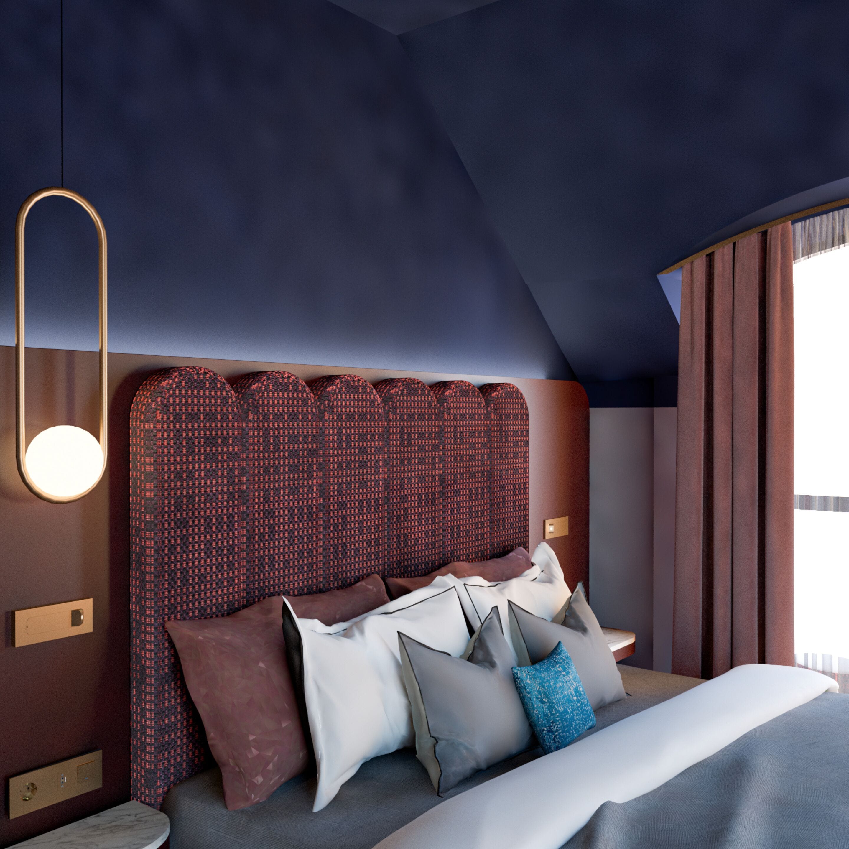A modern bedroom with a high ceiling, a patterned headboard, and a variety of pillows.