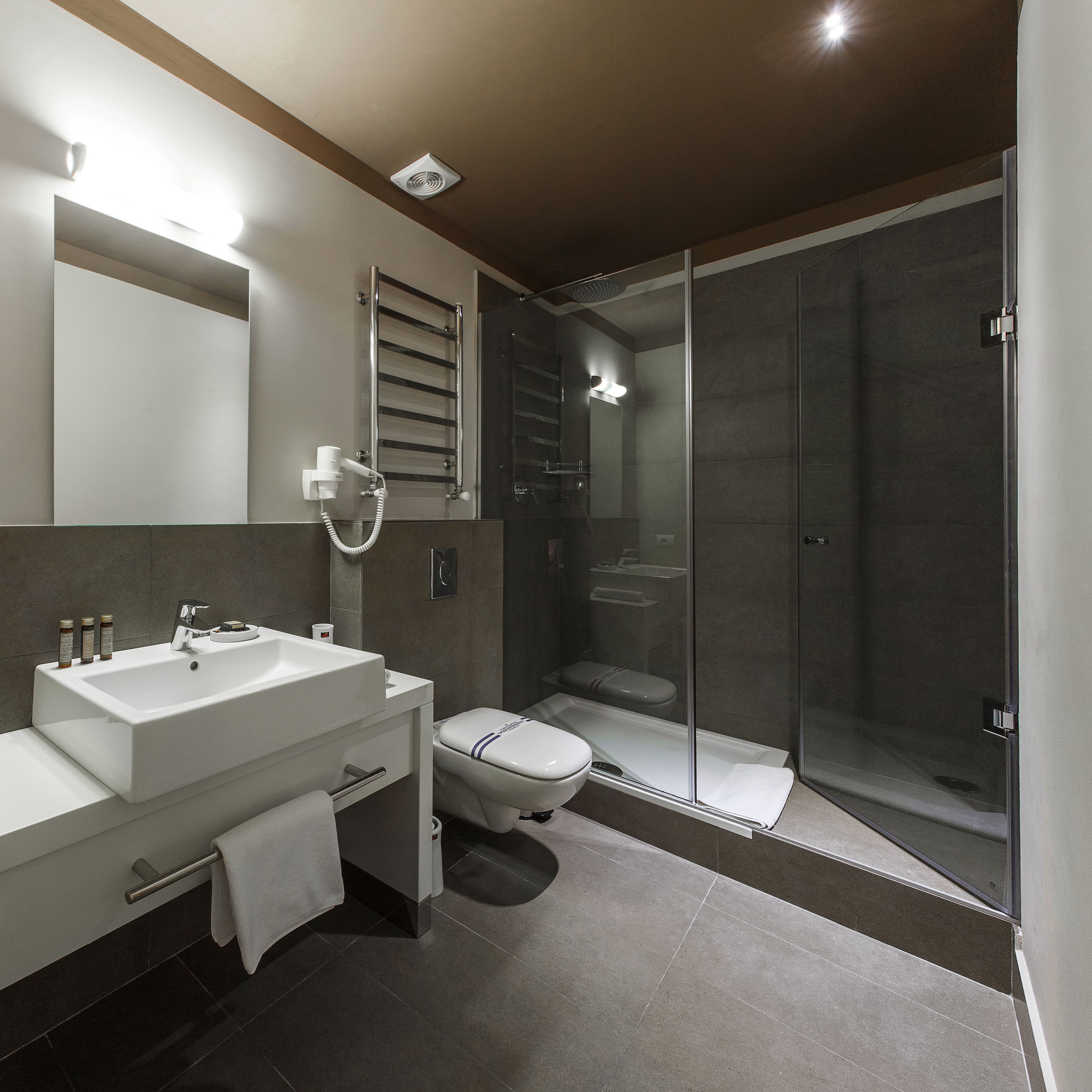 A modern bathroom with a glass-enclosed shower, a white sink, and a toilet.
