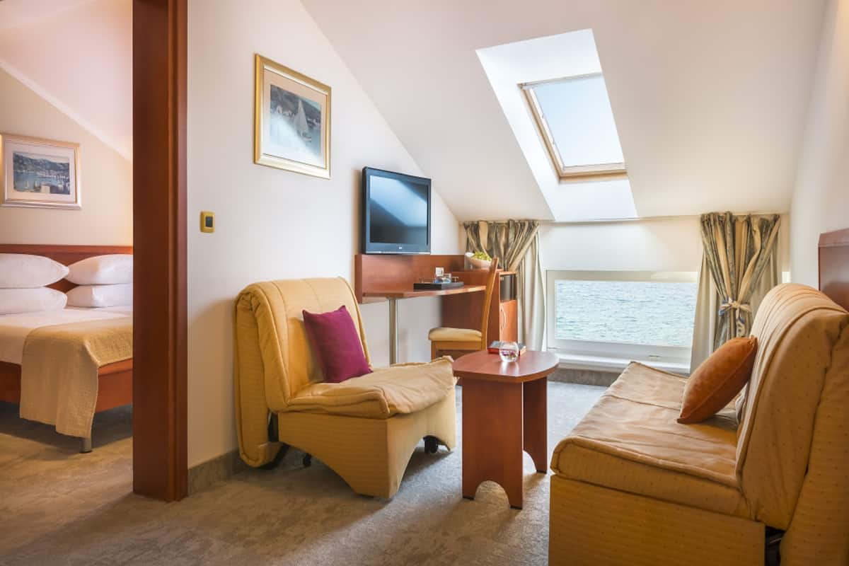 A room with a bed, two sofas, a small table, a TV, and a window with curtains.