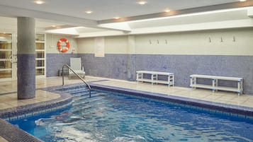 Indoor pool, outdoor pool, pool umbrellas, sun loungers