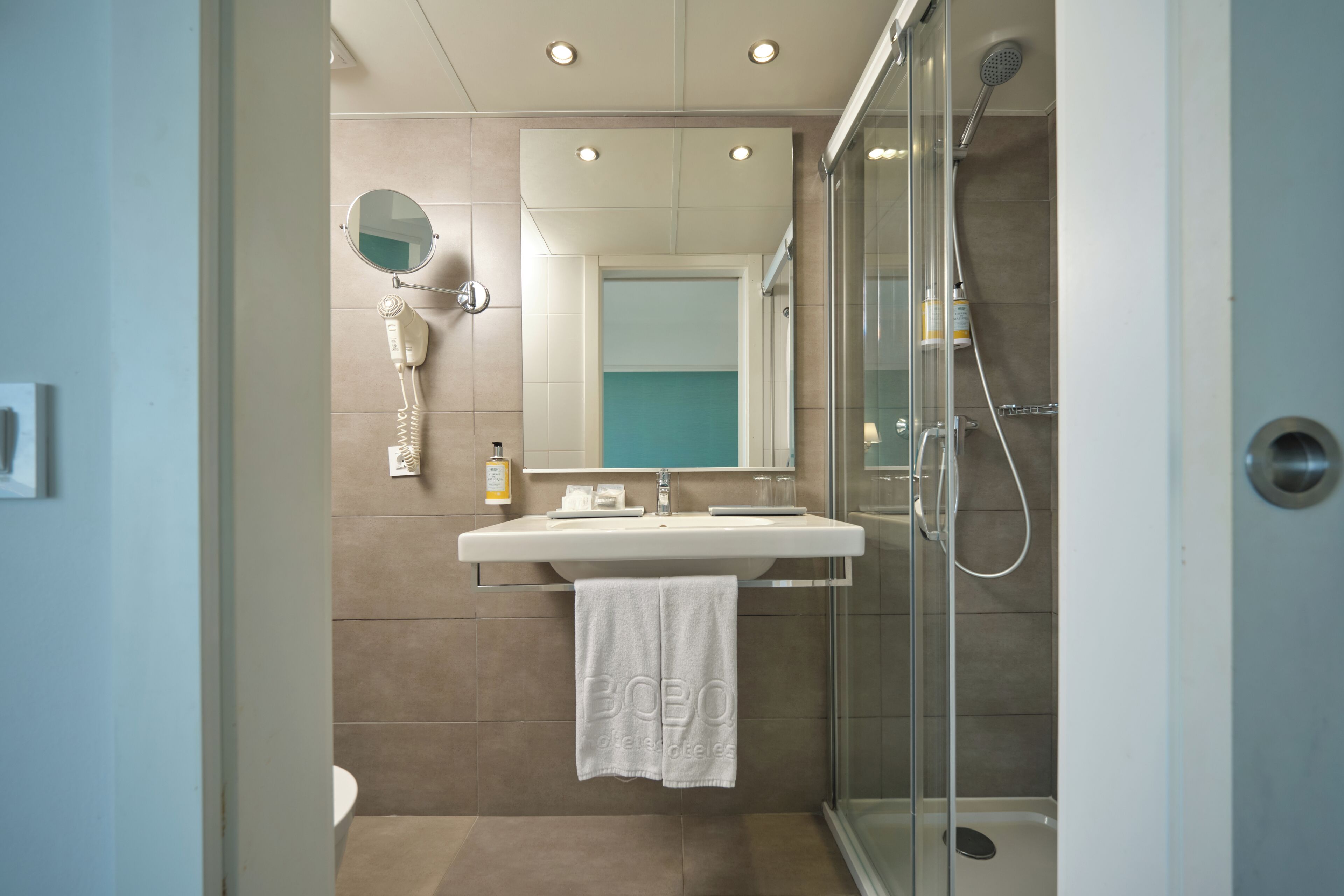 A modern bathroom with a glass shower enclosure, a white sink, and a mirror.