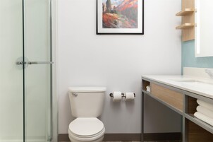 A modern bathroom with a glass shower enclosure, a white toilet, and a wooden vanity with a mirror.