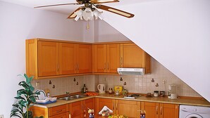 Una cocina con armarios de madera, ventilador de techo, un lavabo, una mesa con sillas, una planta en maceta y una lavadora.