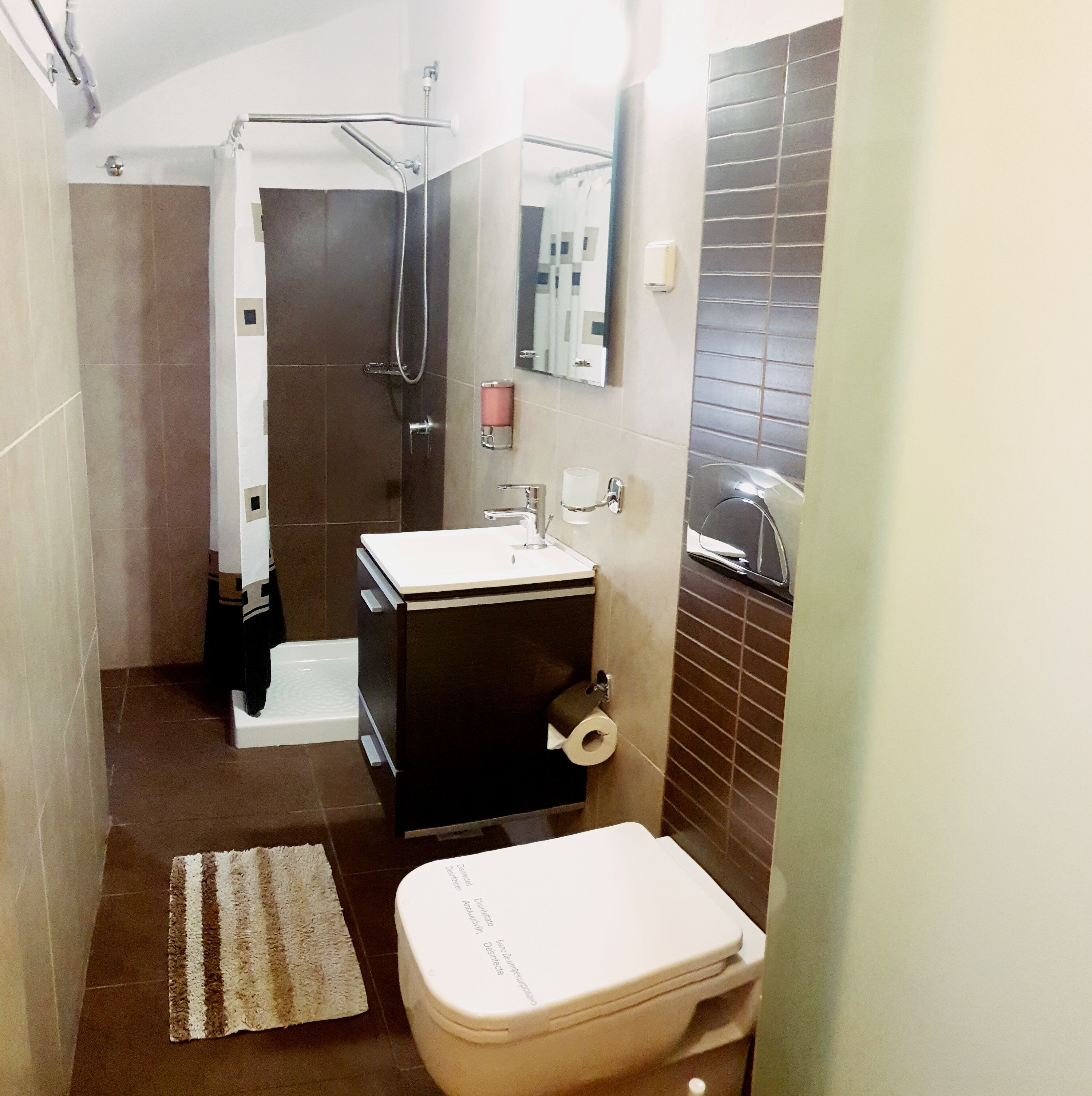 Une petite salle de bain comprenant des toilettes, un lavabo et une douche.