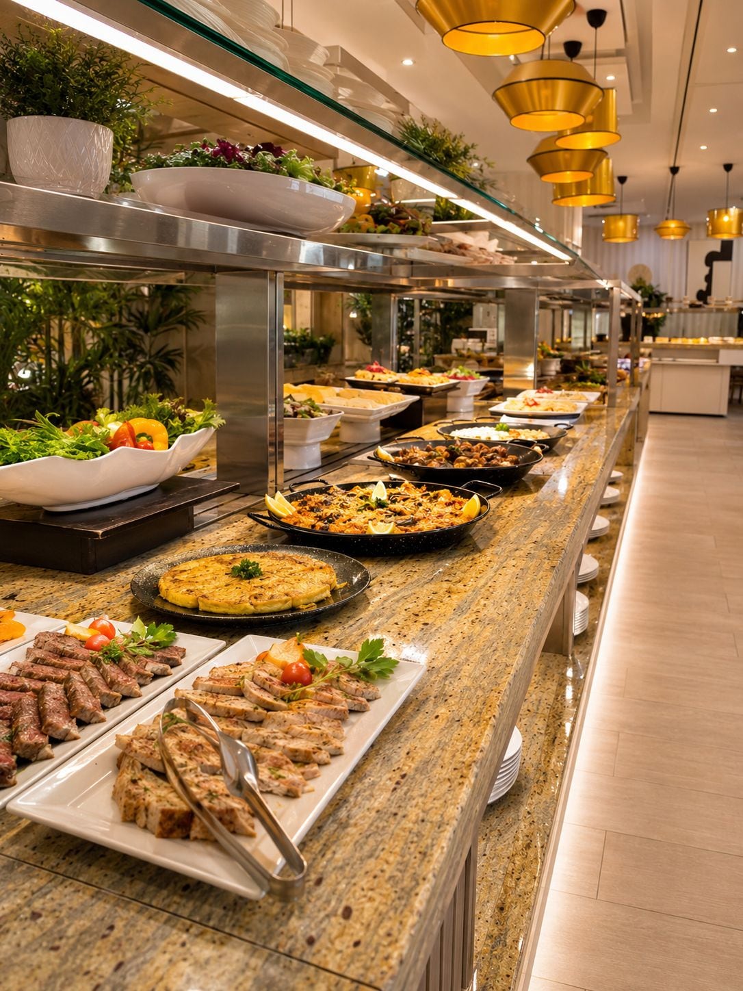 Un bufé con diversos platos, incluyendo carnes, ensaladas y una bandeja de mariscos.