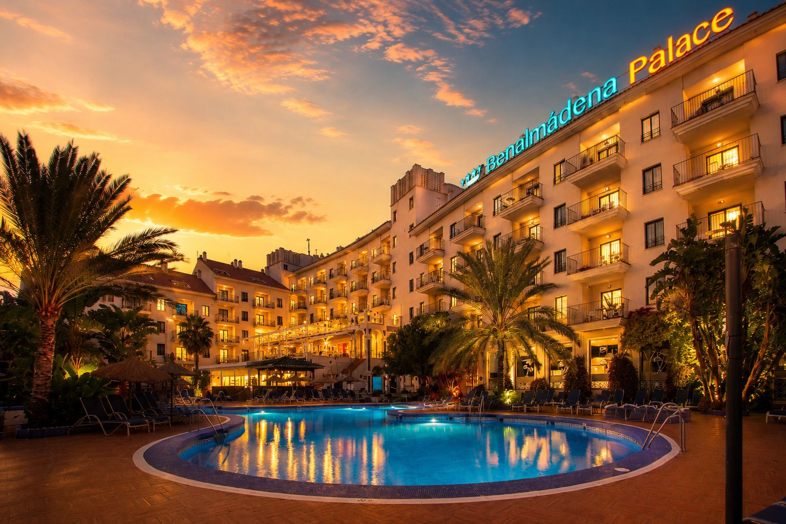 A hotel with a swimming pool, multiple balconies, and palm trees.