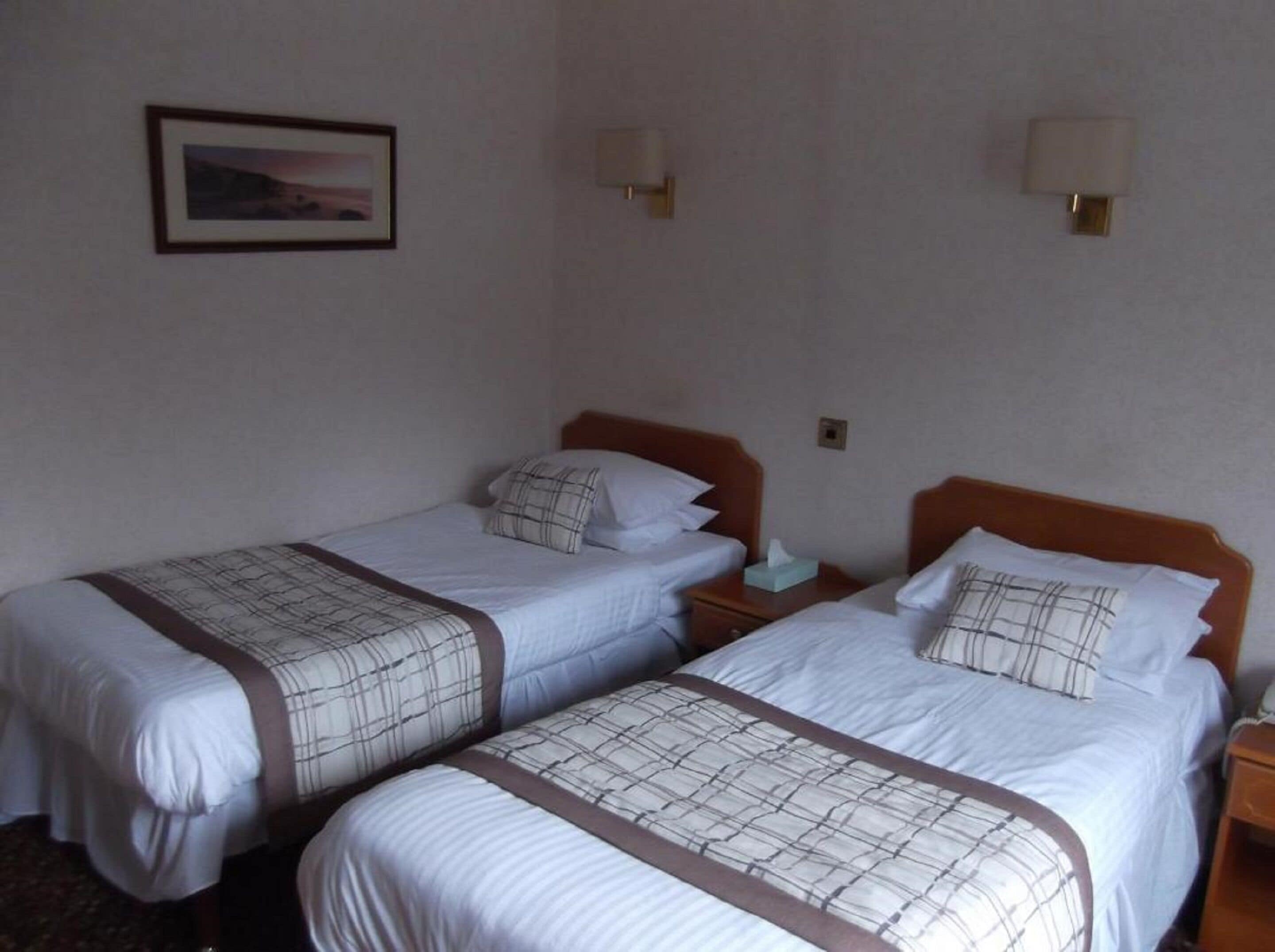 A hotel room with two single beds, each with a plaid bedspread and pillows, a bedside table with a lamp, and a framed picture on the wall.