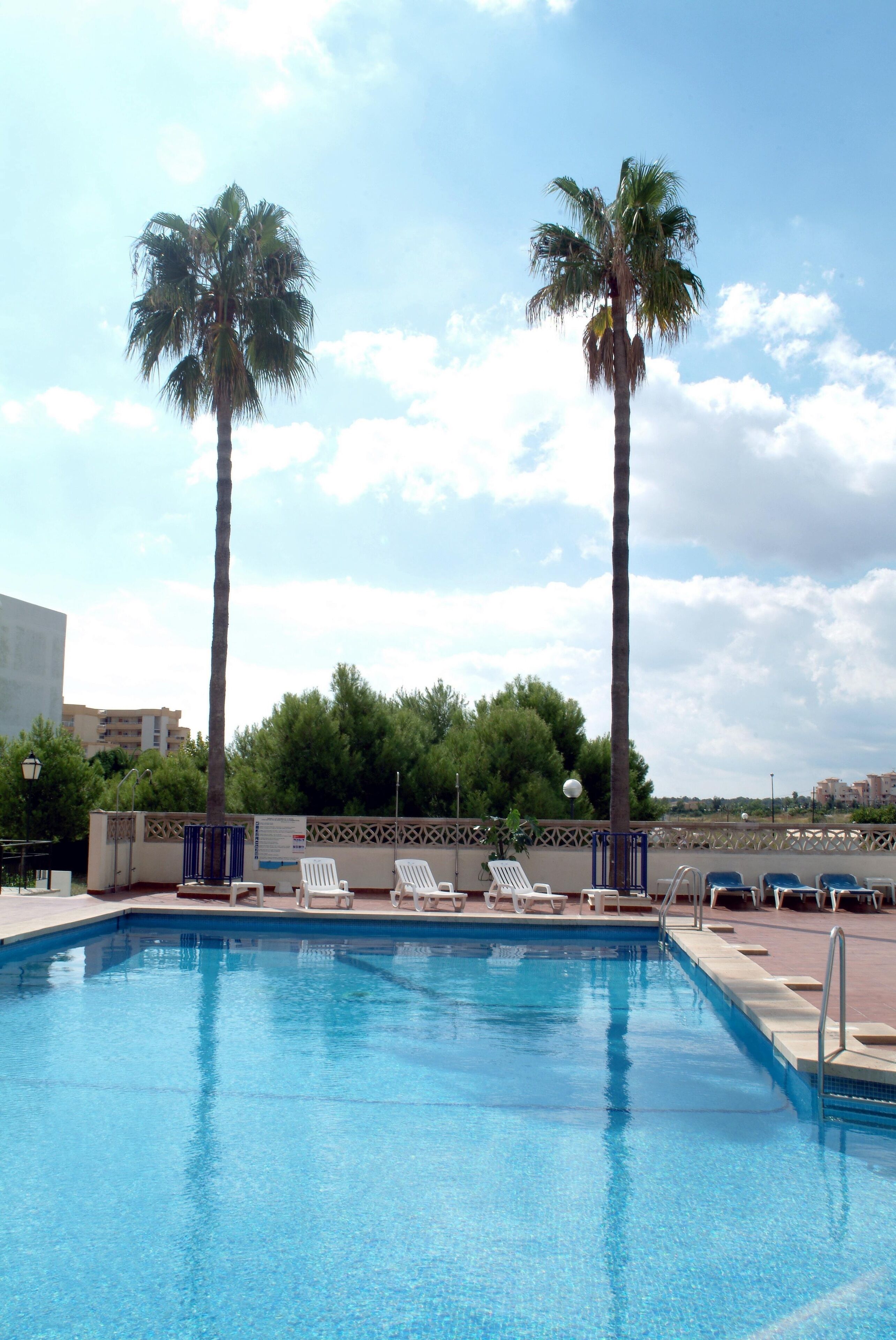A swimming pool with lounge chairs and palm trees.