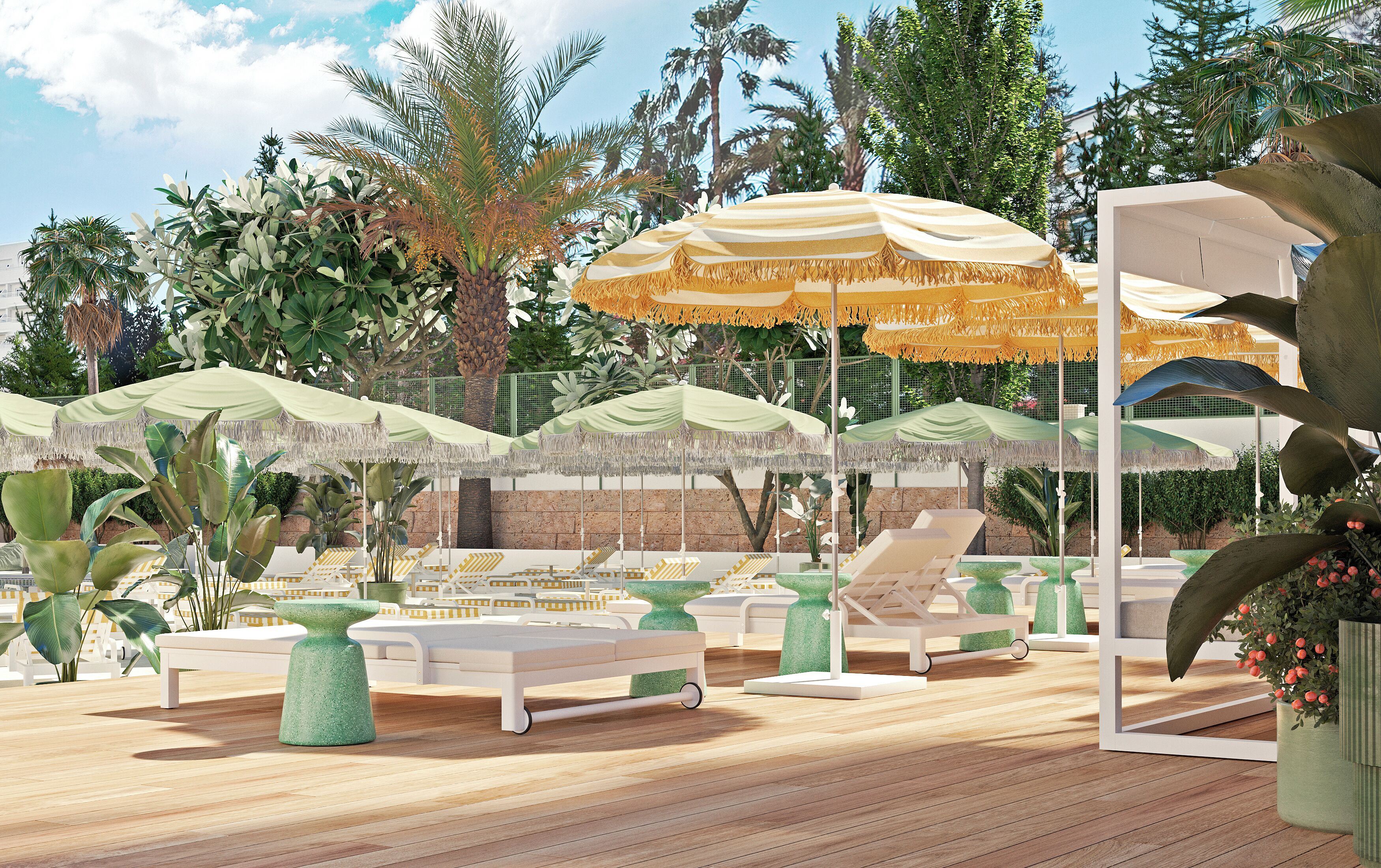 Outdoor pool, pool umbrellas, pool loungers