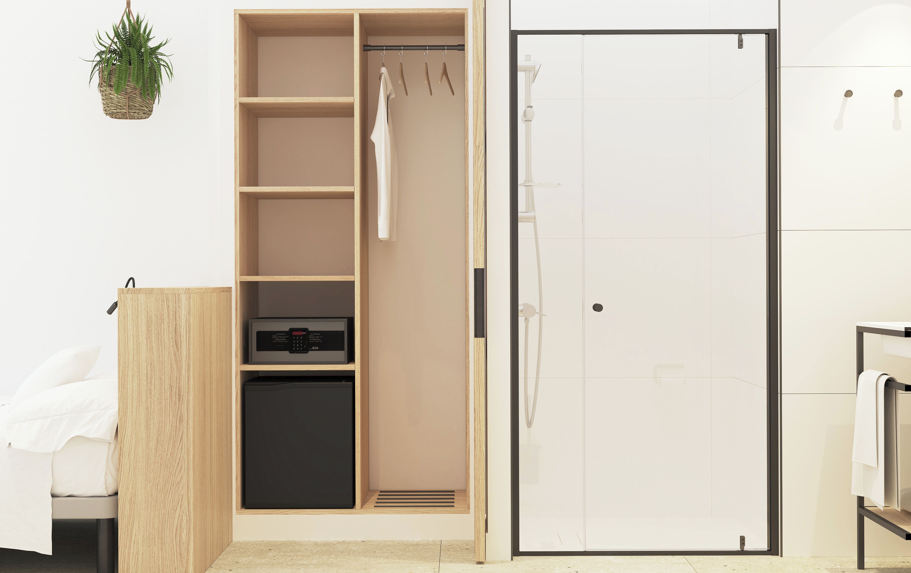 A walk-in closet with shelves, a hanging rack, and a small appliance.