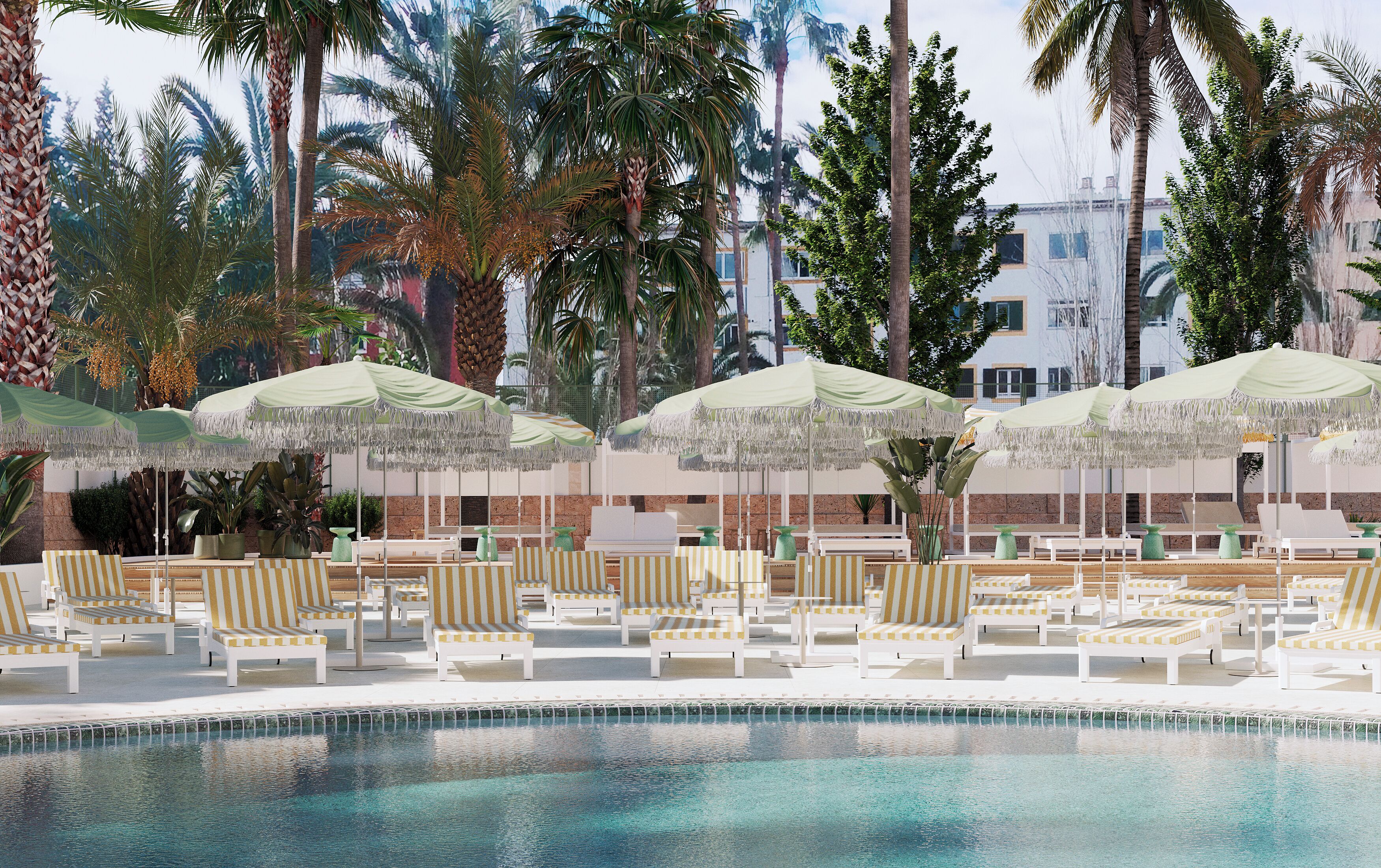 Outdoor pool, pool umbrellas, sun loungers