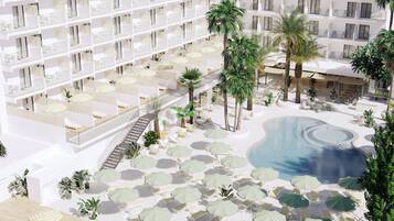 Outdoor pool, pool umbrellas, sun loungers