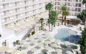 Outdoor pool, pool umbrellas, pool loungers