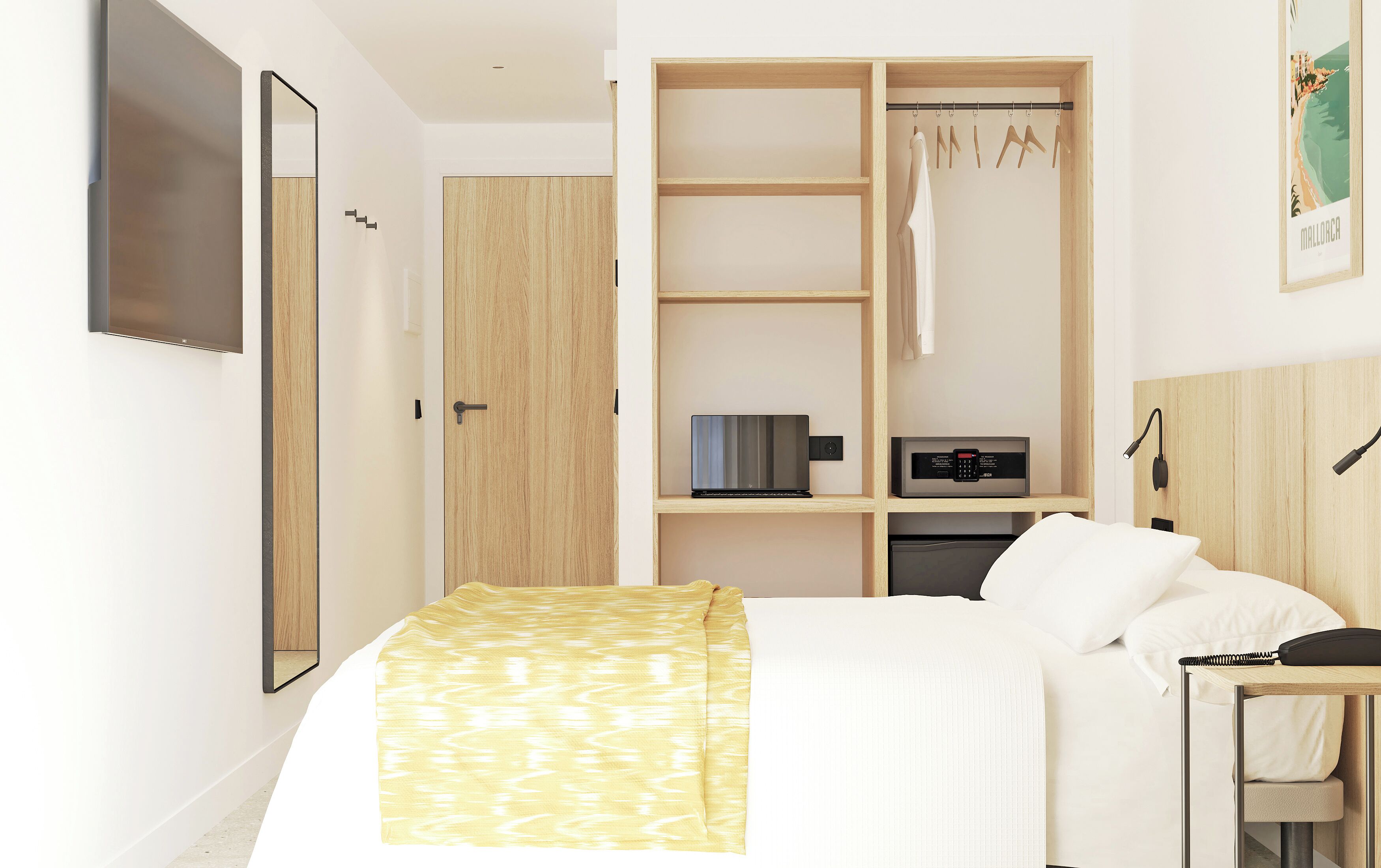 A hotel room with a bed, a wardrobe, a TV, and a shelf with a microwave.