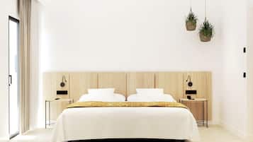 Een moderne slaapkamer met een groot bed, een houten hoofdbord, nachtkastjes met lampen en hangende planten.