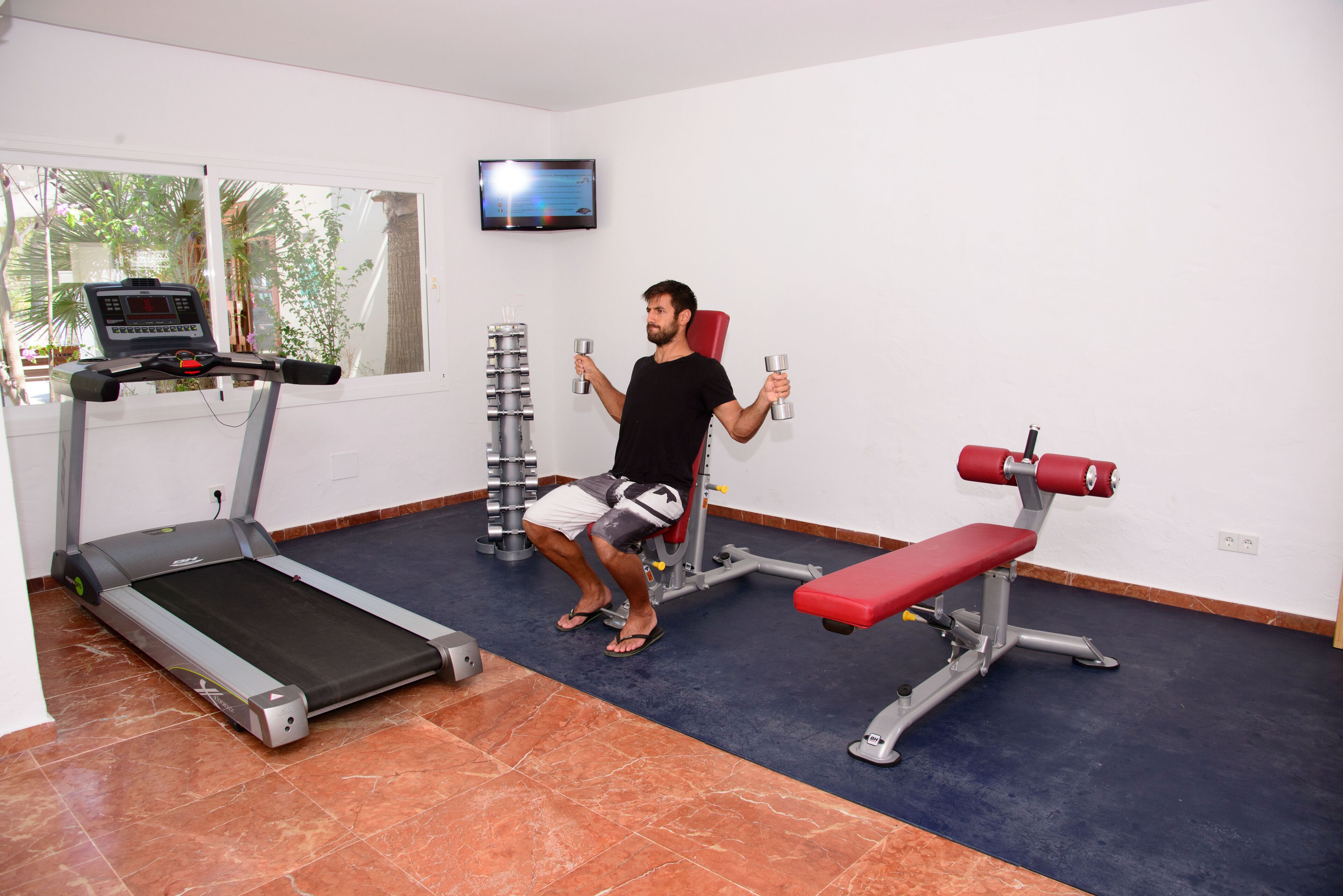A gym with a treadmill, weight bench, and dumbbells.