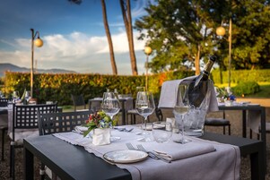 Una mesa de comedor exterior con copas de vino, una botella y salero y pimentero, rodeada de sillas y una vista panorámica.