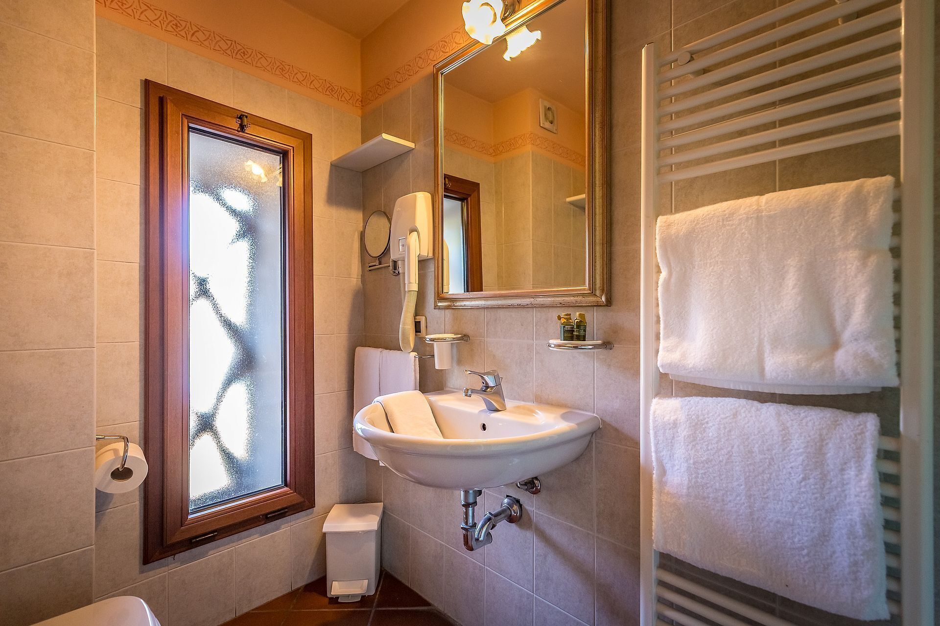 free toiletries, hair dryer, bidet, towels