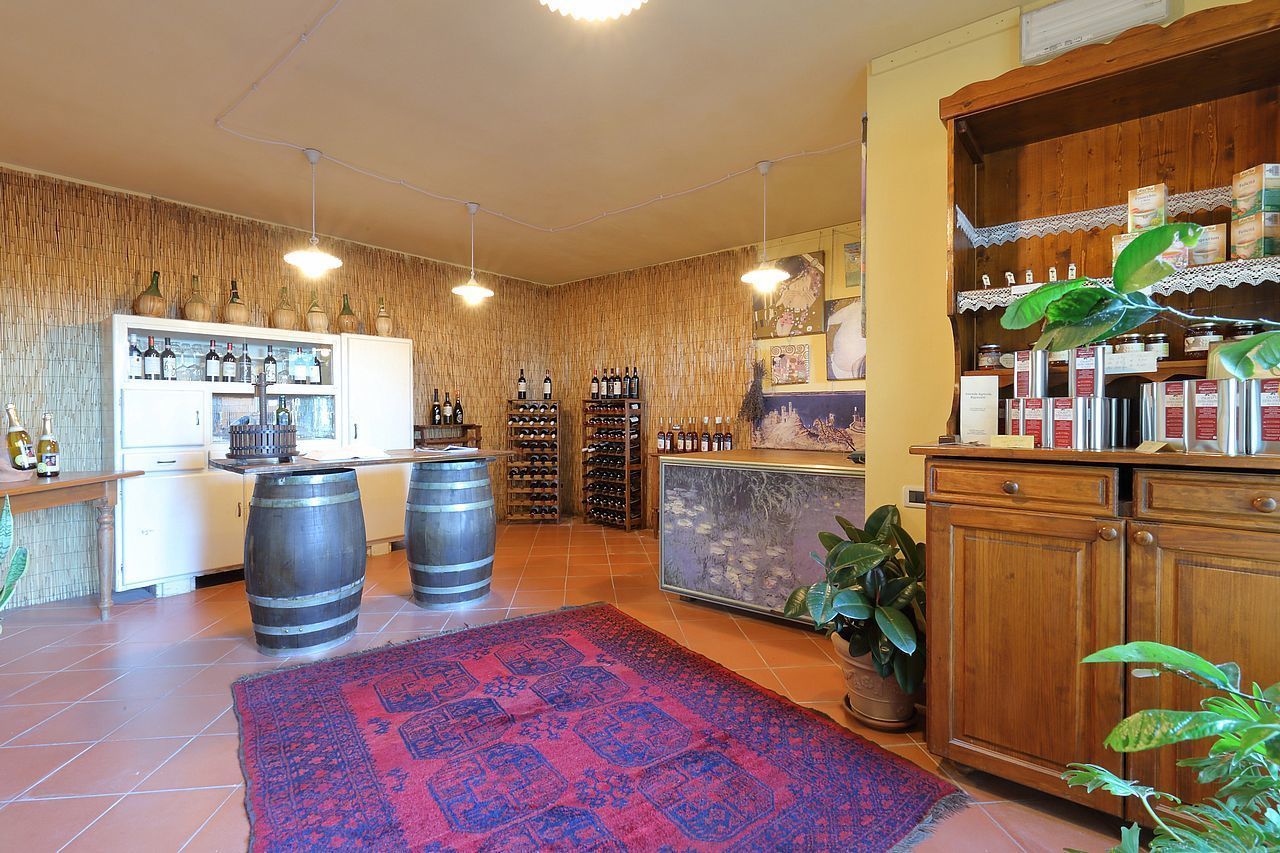 A bar area with wooden barrels, shelves of bottles, and a red patterned rug.