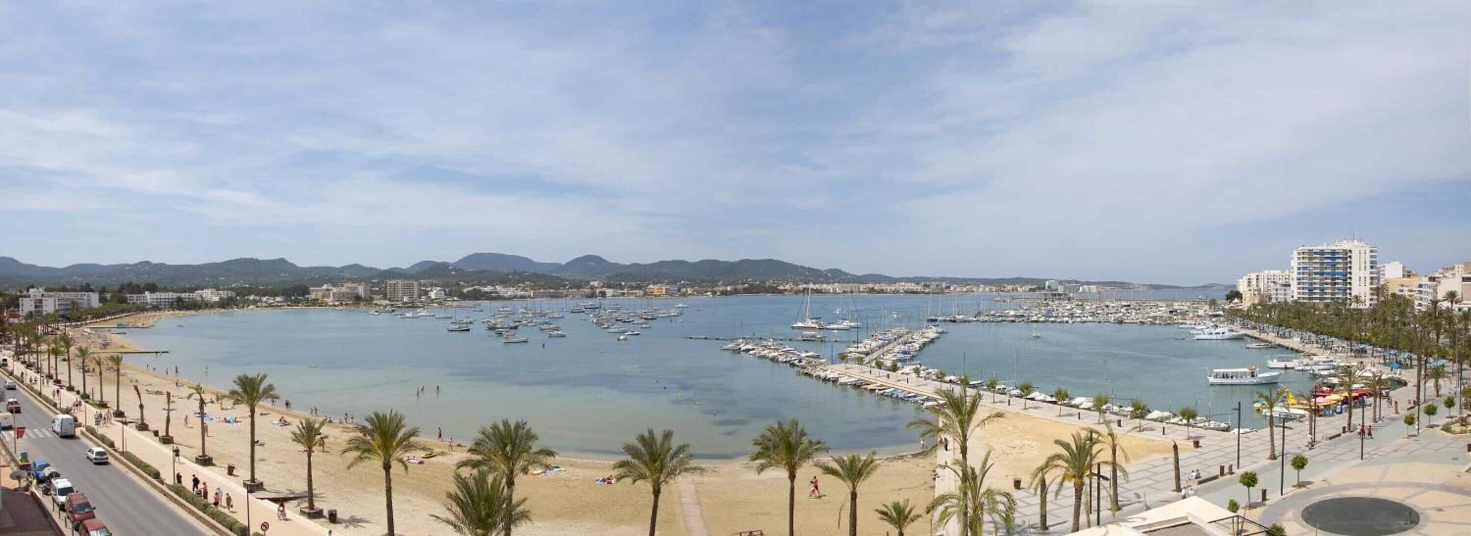 A coastal marina with numerous boats, a sandy beach lined with palm trees, and a backdrop of mountains and urban buildings.