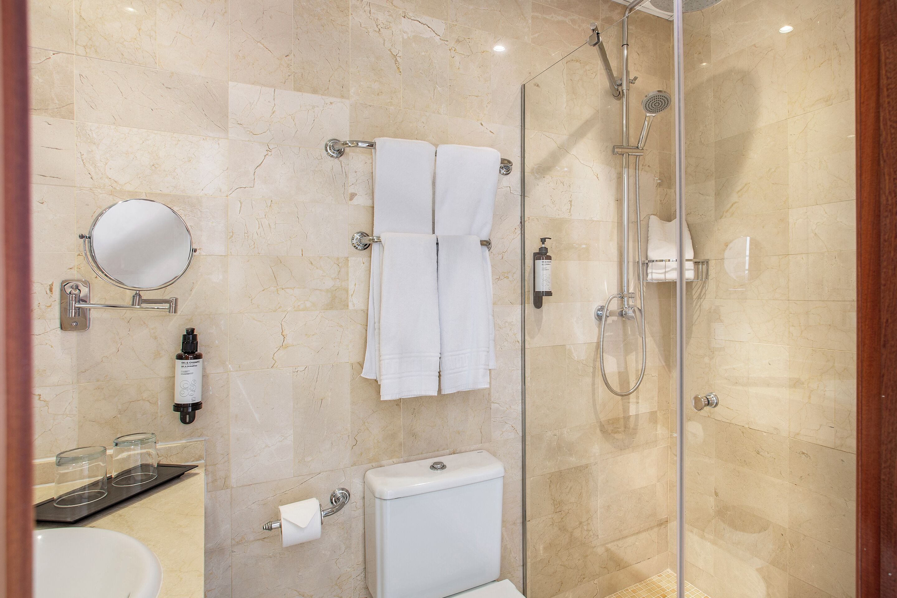 A modern bathroom with a glass-enclosed shower, a toilet, a sink, and a mirror.