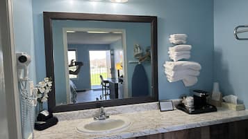 Standard Double Room, 2 Double Beds | Bathroom | Combined shower/tub, free toiletries, hair dryer, towels
