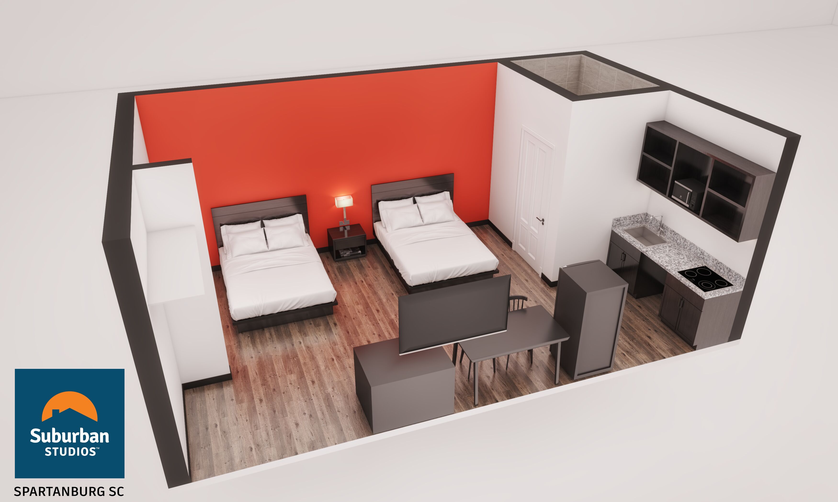 Un appartement moderne comprenant deux chambres, une cuisine et un coin repas.