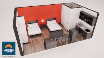 A modern apartment with two bedrooms, a kitchen, and a dining area.