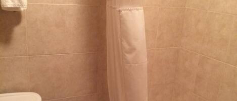 A bathroom with a toilet, a bathtub, and a shower curtain.