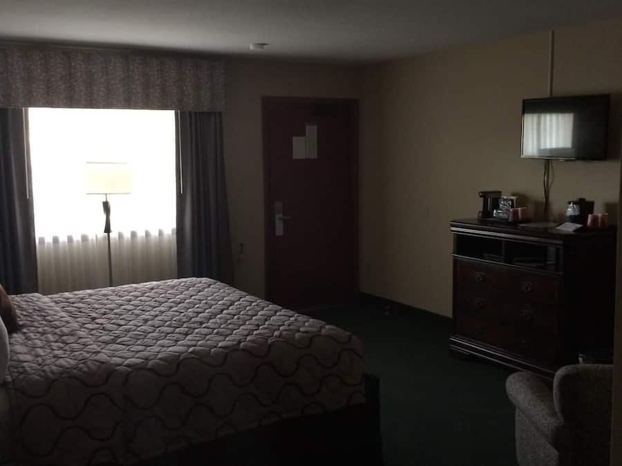 A hotel room with a bed, a dresser, a television, and a window with curtains.