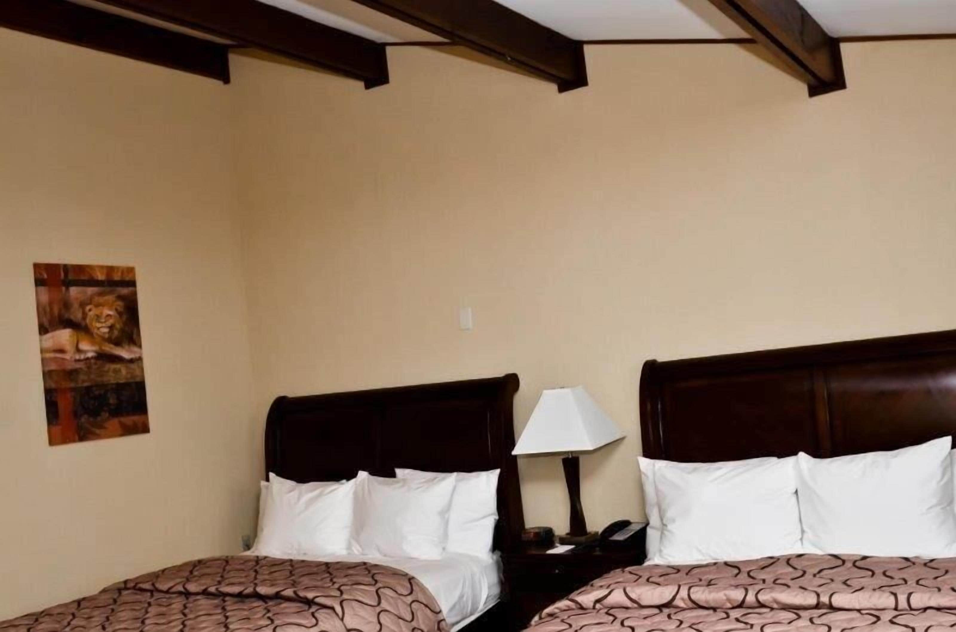 A hotel room with two beds, a nightstand with a lamp, and a painting on the wall.