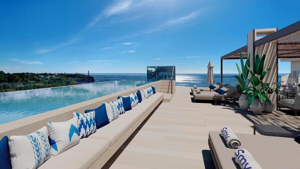 Seasonal outdoor pool, pool umbrellas, pool loungers