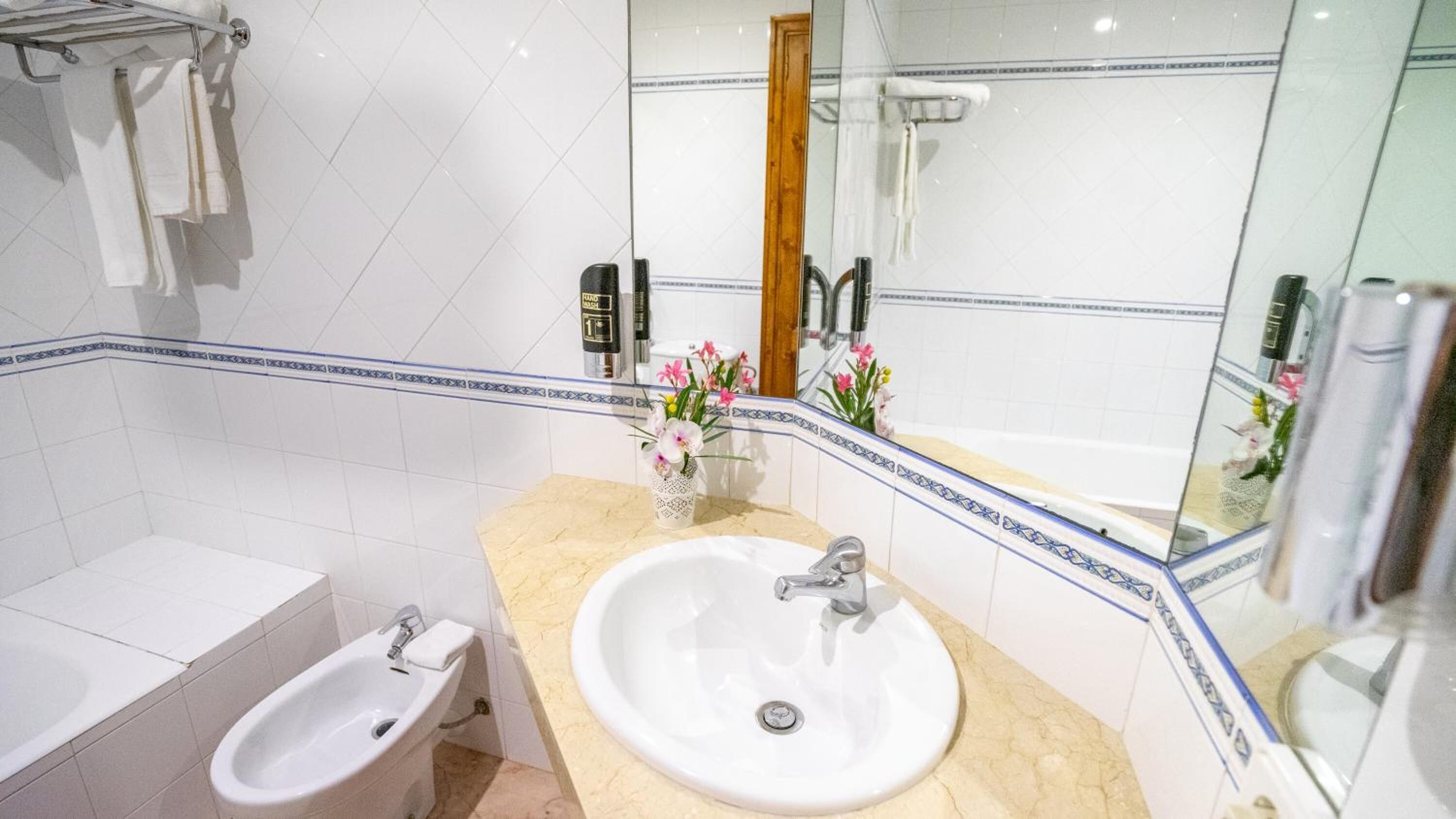 combined shower/bathtub, free toiletries, hair dryer, slippers