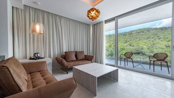 A modern living room with a sofa, a coffee table, and a view of a green landscape through large windows.