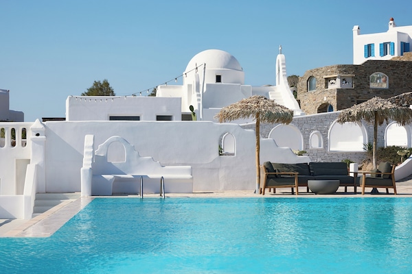 Outdoor pool, pool umbrellas, pool loungers