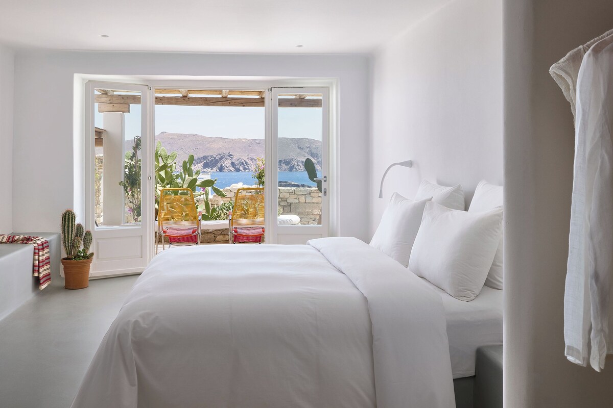 A bedroom with a large bed, white bedding, a view of the sea, and a cactus plant.