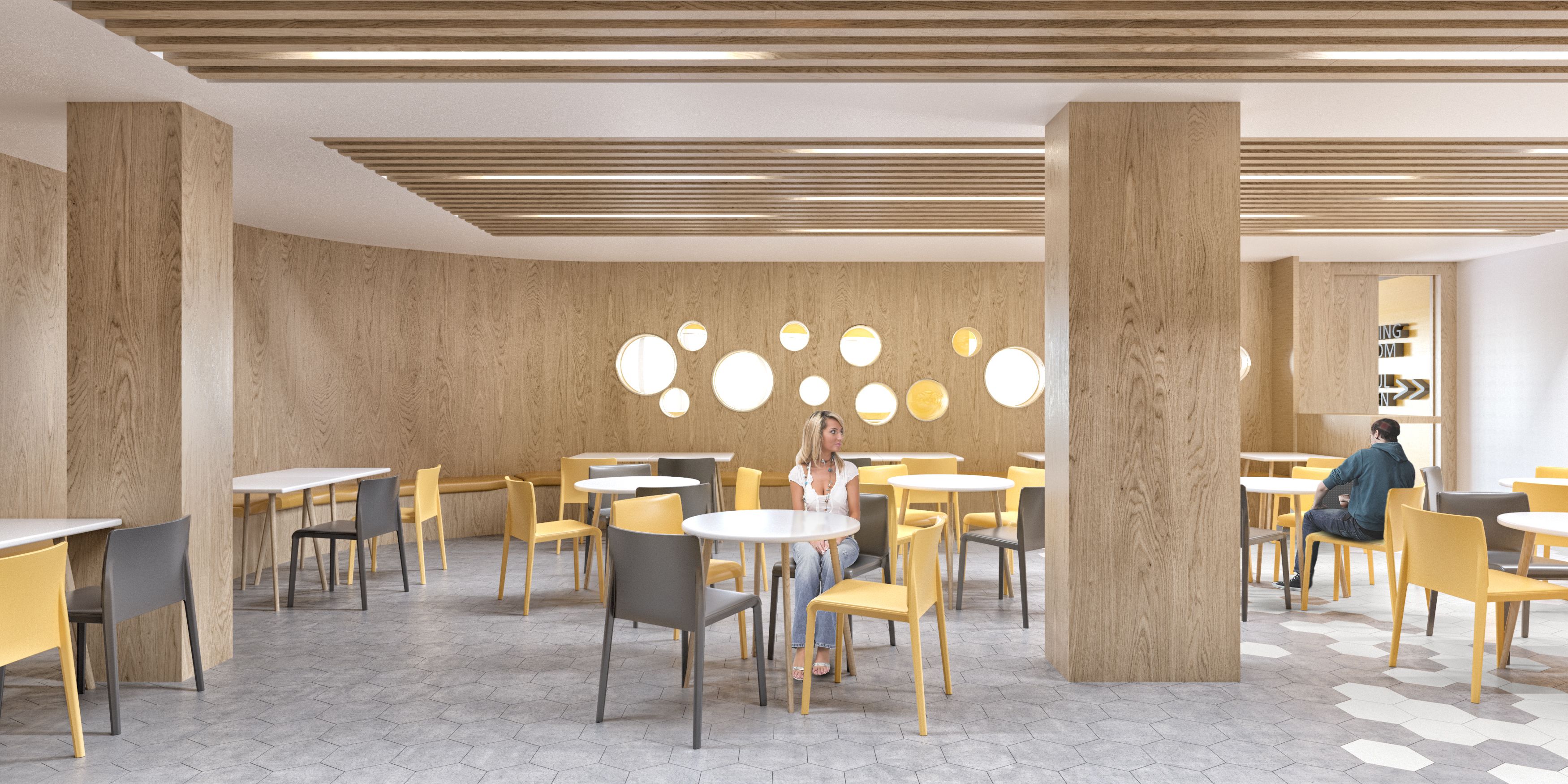 Una cafetería moderna con detalles de madera, mesas y sillas redondas.