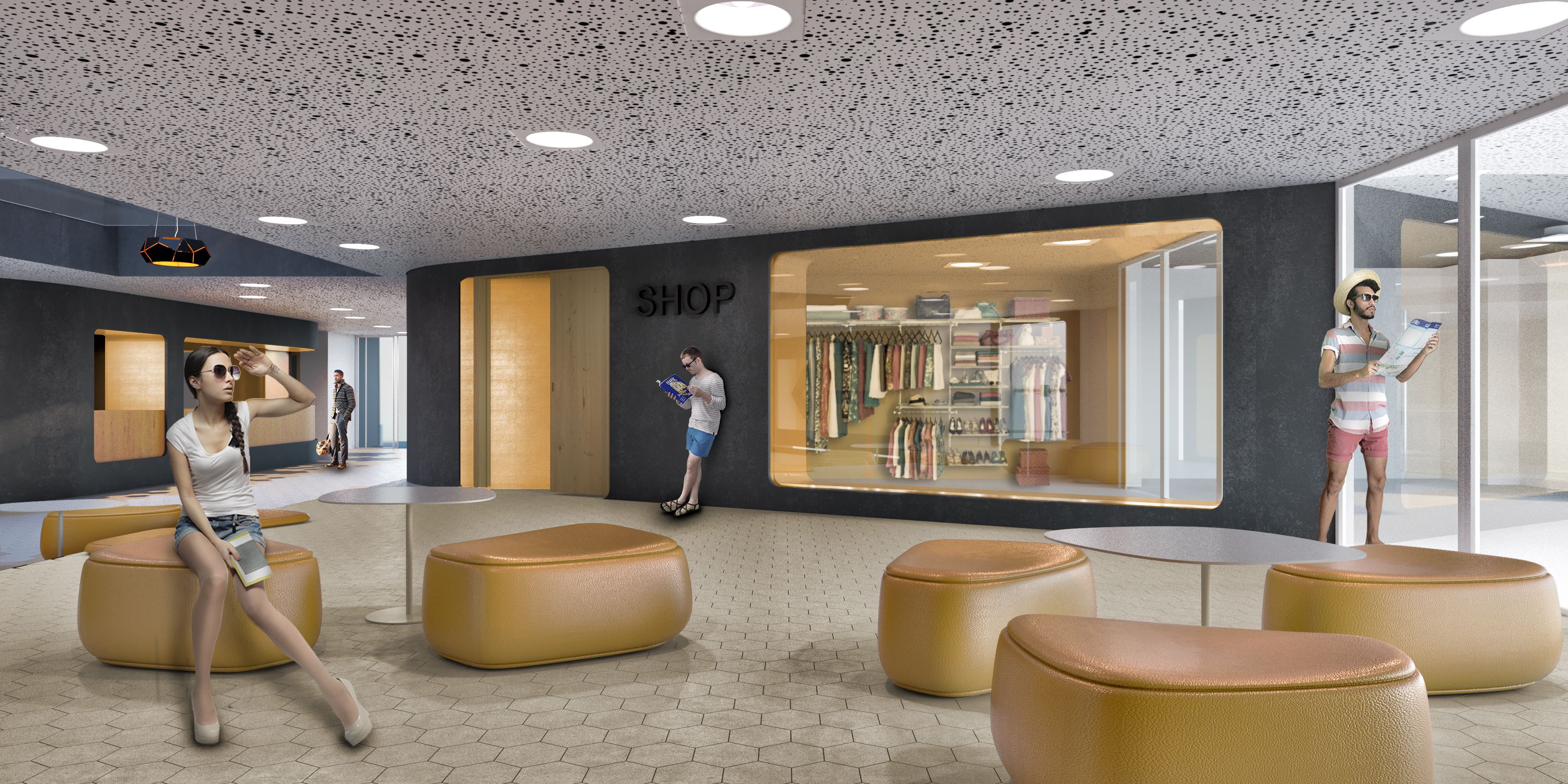 A modern interior with seating areas, a shop, and a glass storefront.