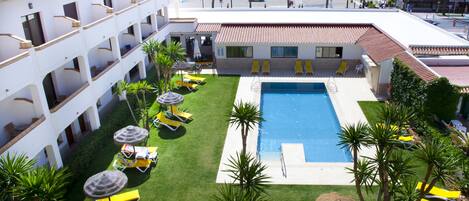 Un patio de hotel con piscina, tumbonas y palmeras.