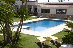 A swimming pool with sun loungers and palm trees.